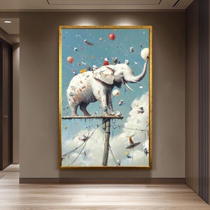 Surreal Elephant Art Print, Whimsical Animal Wall Art, Fantasy Oil Painting Poster, Dreamlike Home Decor, Surrealist Elephant Illustration