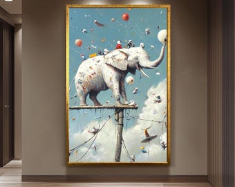 Surreal Elephant Art Print, Whimsical Animal Wall Art, Fantasy Oil Painting Poster, Dreamlike Home Decor, Surrealist Elephant Illustration