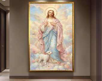 Pastel Jesus Christ Art Print with Golden Halo and Lamb, Soft Storybook Style Christian Wall Decor for Nursery or Faith-Inspired Gift