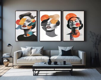 Modern Abstract Woman Wall Art Set of 3, Contemporary Collage Portrait Canvas Prints with Geometric Shapes for Minimalist Home Decor