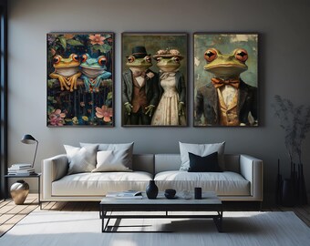Frog Wall Art Set of 3 – Dapper Victorian Frog Couple, Gentleman Frog in Suit, and Romantic Colorful Frogs in Floral Forest  Animal Wall Art
