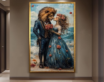 Romantic Surreal Lion Couple Painting – Wedding Style Animal Portrait with Roses and Ocean View – Whimsical Fantasy Wall Art Animal Wall Art