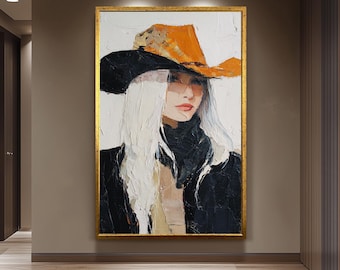 Abstract Western Cowgirl Oil Painting | Bold Woman in Textured Orange and Black Cowboy Hat | Rustic Southwestern Wall Art Canvas  Woman Art