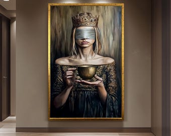 Blindfolded Queen Wall Art Regal Woman Holding Golden Cup Canvas Print, Mysterious Symbolic Oil Painting for Elegant and Dark Modern Décor
