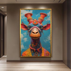 Colorful Giraffe Wall Art Surreal Fantasy Animal Painting with Tribal Details Whimsical Cartoon Style Canvas for Unique Home Decor