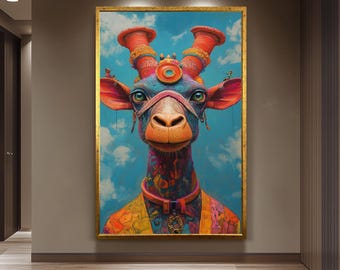 Colorful Giraffe Wall Art Surreal Fantasy Animal Painting with Tribal Details Whimsical Cartoon Style Canvas for Unique Home Decor