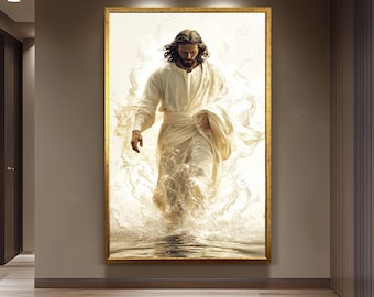 Jesus Walking on Water Canvas Print Gold Tone Christian Wall Art Spiritual Religious Decor Inspiring Faith Based Artwork for Sacred Interior