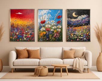 Wildflower Landscape Wall Art Set of 3 – Textured Floral Paintings of Day, Sunset, and Night Skies with Vibrant Blooming Meadows Floral Art