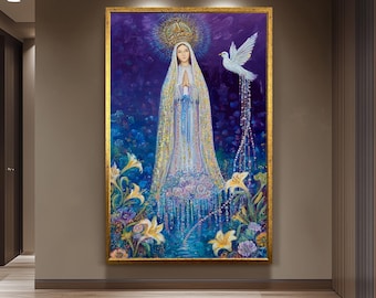Our Lady of Grace in Crown with Dove and Lilies | Mystical Virgin Mary Painting with Rosy Gown and Floral Light | Catholic Wall Art Mary Art