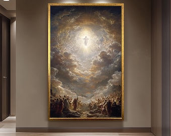 Heavenly Ascension of Jesus Christ  Radiant Divine Light, Angels in the Clouds, and Worshippers Witnessing the Glory of Christ Rising