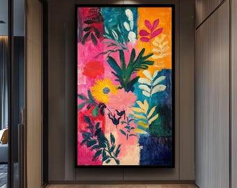 Colorful Abstract Botanical Wall Art, Bold Floral Painting in Matisse Style, Modern Vibrant Leaves and Flowers Canvas Home Decor Floral Art