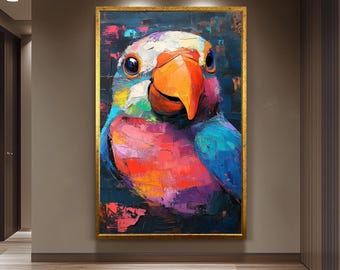 Colorful Parrot Wall Art Abstract Bird Painting on Canvas Surreal Tropical Animal Portrait with Vibrant Brush Stroke Texture Parrot Wall