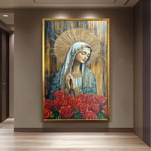 Virgin Mary Painting with Red Roses and Gold Halo, Ornate Catholic Canvas Art for Prayer Room, Spiritual Gift or Religious Home Decor