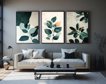 Botanical Leaf Art Prints Set: Neutral Greenery Textured Canvas