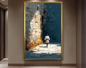 Jesus Walking Alone Along Ancient Wall Abstract Faith Painting Christian Wall Art Print for Reflection Spaces Prayer Rooms or Home Decor