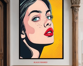 Pop Art Woman Portrait Canvas Wall Art – Colorful Modern Girl Illustration with Red Lips and Freckles – Bold Retro Poster for Home Decor