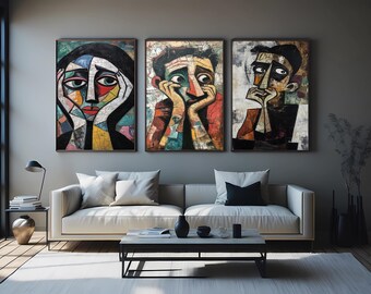 3 Piece Colorful Cubist Portrait Wall Art – Modern Abstract Expressionist Face Paintings for Unique Home and Office Decor Geometric Wall Art