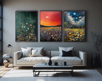 Wildflower Meadow Wall Art Set of 3 Botanical Floral Landscape Paintings Sunrise Sunset Moonlight Field Decor for Nature Lovers Floral Print