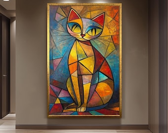 Colorful Cubist Cat Wall Art Print in Picasso Inspired Style with Geometric Shapes and Bold Warm Tones for Modern Animal Decor, Cat Wall Art