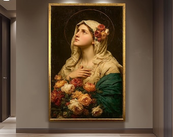 Vintage Virgin Mary Wall Art Catholic Canvas Print With Roses Holy Mother Portrait In Prayer Classic Religious Christian Decor Mother Print