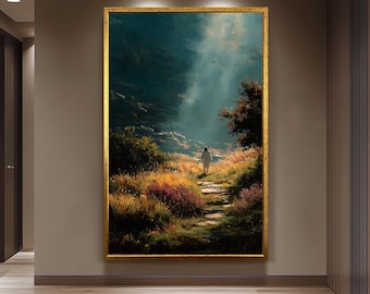 Jesus Walking in Nature Painting | Peaceful Christian Wall Art with Sunlight Rays | Spiritual Landscape Canvas Print for Home Decor