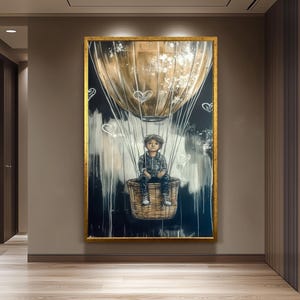 Graffiti-Style Hot Air Balloon Art, Dreamy Adventure Wall Decor , Boy in Balloon Painting, Black and Gold Fantasy Artwork, Urban Street Art