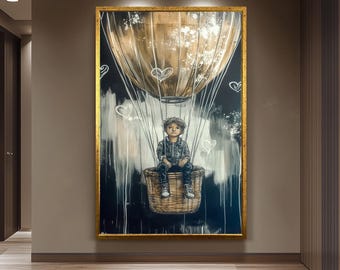 Graffiti-Style Hot Air Balloon Art, Dreamy Adventure Wall Decor , Boy in Balloon Painting, Black and Gold Fantasy Artwork, Urban Street Art