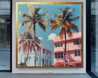 Miami Art Deco Canvas Print | South Beach Palm Trees, Coastal Architecture