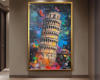 Colorful Leaning Tower of Pisa Wall Art Print, Vibrant Italy Landmark Canvas, Modern Abstract Travel Decor, Urban Splash Painting Poster