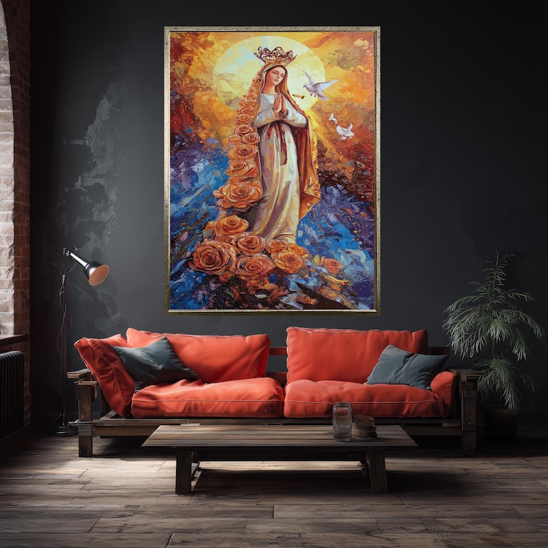 Virgin Mary Wall Art Blessed Mother Canvas Print With Roses and Doves ...