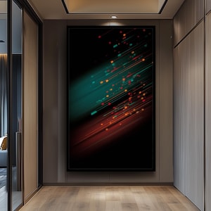 Könnte beinhalten: Abstrakter Kunstdruck mit schwarzem Hintergrund, der diagonale Streifen in Türkis und Rot zeigt. Kleine, farbige Quadrate und Linien sind über das Kunstwerk verstreut und erzeugen einen dynamischen visuellen Effekt. Das Kunstwerk ist gerahmt und in einem Flur ausgestellt.