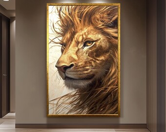 Golden Lion Portrait Canvas, Majestic Wildlife Wall Art, Realistic Hand Painted Animal Artwork, Regal Big Cat Decor, Powerful Safari Gift