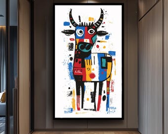 Colorful Abstract Bull Art Print in Picasso and Basquiat Style with Graffiti Elements for Bold Contemporary Animal Wall Decor Bull Wall Art
