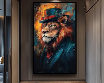 Regal Surreal Lion Portrait Wall Art – Majestic Lion in Suit and Top Hat Painting – Bold Animal Canvas for Powerful Home Decor Animal Canvas