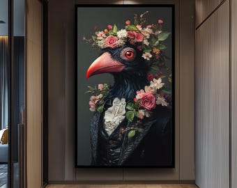 Victorian Bird Portrait Canvas Set of 3, Surreal Animal Wall Art Prints, Whimsical Dressed Birds Decor, Vintage Anthropomorphic Artwork