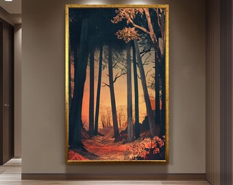 Mystical Forest Sunset Artwork, Vintage Woodland Wall Art, Enchanted Nature Scene, Warm Autumn Landscape Print, Rustic Wilderness Decor