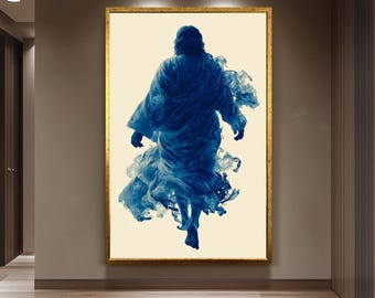 Surreal Blue Jesus Canvas Print Abstract Christian Wall Art Spiritual Religious Decor Unique Faith Based Painting for Modern Home Interiors