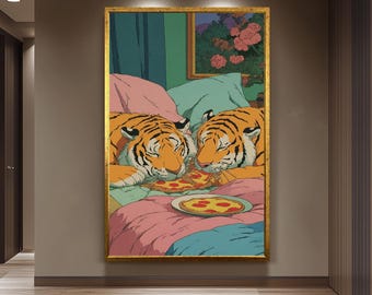 Retro 80s Style Two Tigers Eating Pizza in Pastel Colored Cozy Bed  Whimsical Animal Illustration for Fun Vintage Wall Art Print Tiger Art