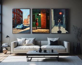 Retro Urban Noir Wall Art Set of 3 Woman in Red Dress Alley Figure Blue Vintage Car Brick City Street Scene Cinematic Painting Decor