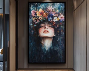 Surreal Woman Portrait With Flower Crown Wall Art, Dreamy Feminine Face Painting Print For Boho, Romantic Or Fantasy Home Decor Woman Canvas