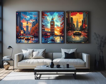 3 Piece London And New York Wall Art Set Big Red Bus Empire State Building Yellow Taxi Urban Cityscape Canvas Prints For Living Room Vintage