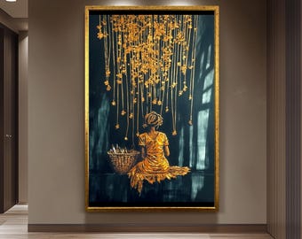 Golden Woman Wall Art, Black and Gold Painting, Elegant , Mystical Canvas Print, Modern Luxury Home Decor, Artistic Wall Art Woman Wall Art