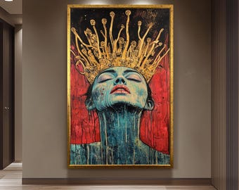 Surreal Queen Portrait Wall Art Dark Fantasy Woman Painting Gold Crown Skull Gothic Art Red Black Decor Unique Emotional Artwork Queen Art