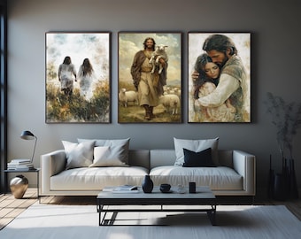 3 Piece Jesus Wall Art – Inspirational Christian Prints of Good Shepherd, Loving Embrace, and Walking in Faith Scene Prayer Room Wall Art