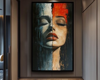 Surreal Wall Art of Woman’s Face Divided by Crack with Fiery Red and Icy Blue Halves Symbolizing Inner Conflict and Duality, Surreal Artwork