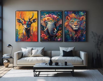 Abstract Animal Prints Set: Boho Elephant, Lion, Deer
