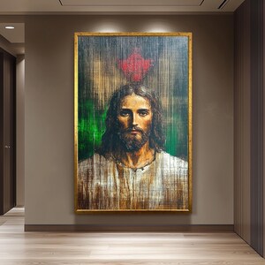 Textured Sacred Heart Jesus Canvas Art  Rustic Vintage Christian Wall Decor for Faithful Home, Prayer Room or Catholic Jesus Wall Art