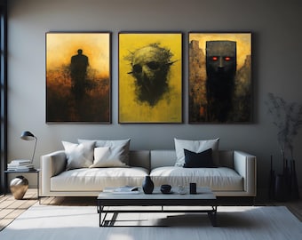 Gothic Skull Canvas Art Set, Surreal Skeleton Wall Prints, Dark Horror Decor, Creepy Fantasy Artwork for Spooky Home or Haunted Spaces