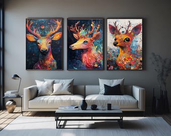 Psychedelic Deer Canvas Print Set, Boho Animal Wall Art, Trippy Colorful Nature Decor, Vibrant Woodland Artwork for Bohemian Home Style