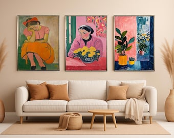 Vintage Portrait and Botanical Wall Art Set of 3 – Colorful Feminine Figures and Plant Paintings for Elegant Home Decoration Floral Prints